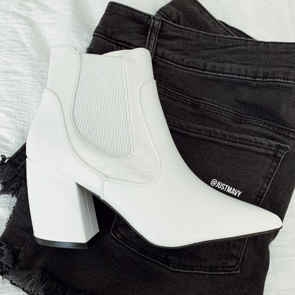 All White Point Toe Booties with croc detail - Picture 2 of 3
